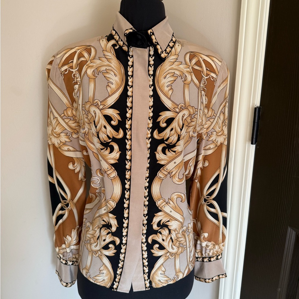 Francesca's Collections silk vintage blouse Baroque Print in Black and tan 10